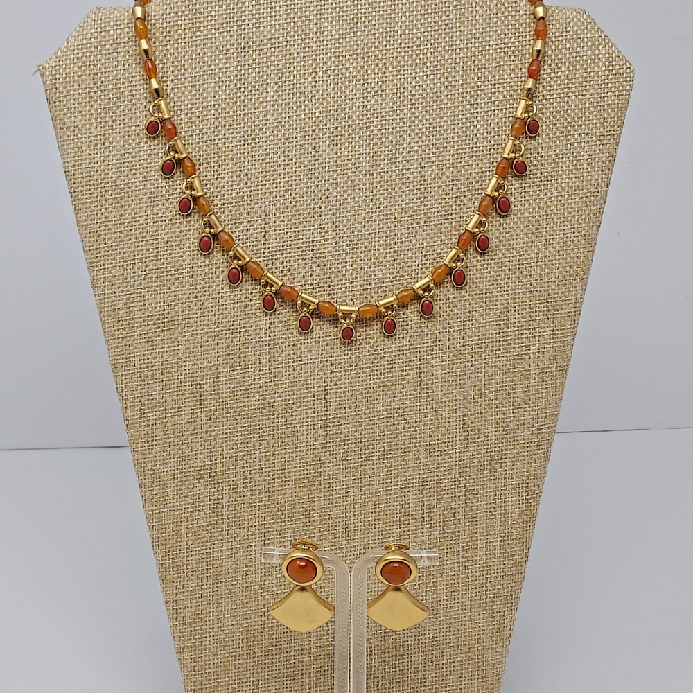 Vintage Monet Necklace Earring Set Egyptian Revival Style Mogul Gold Red Orange